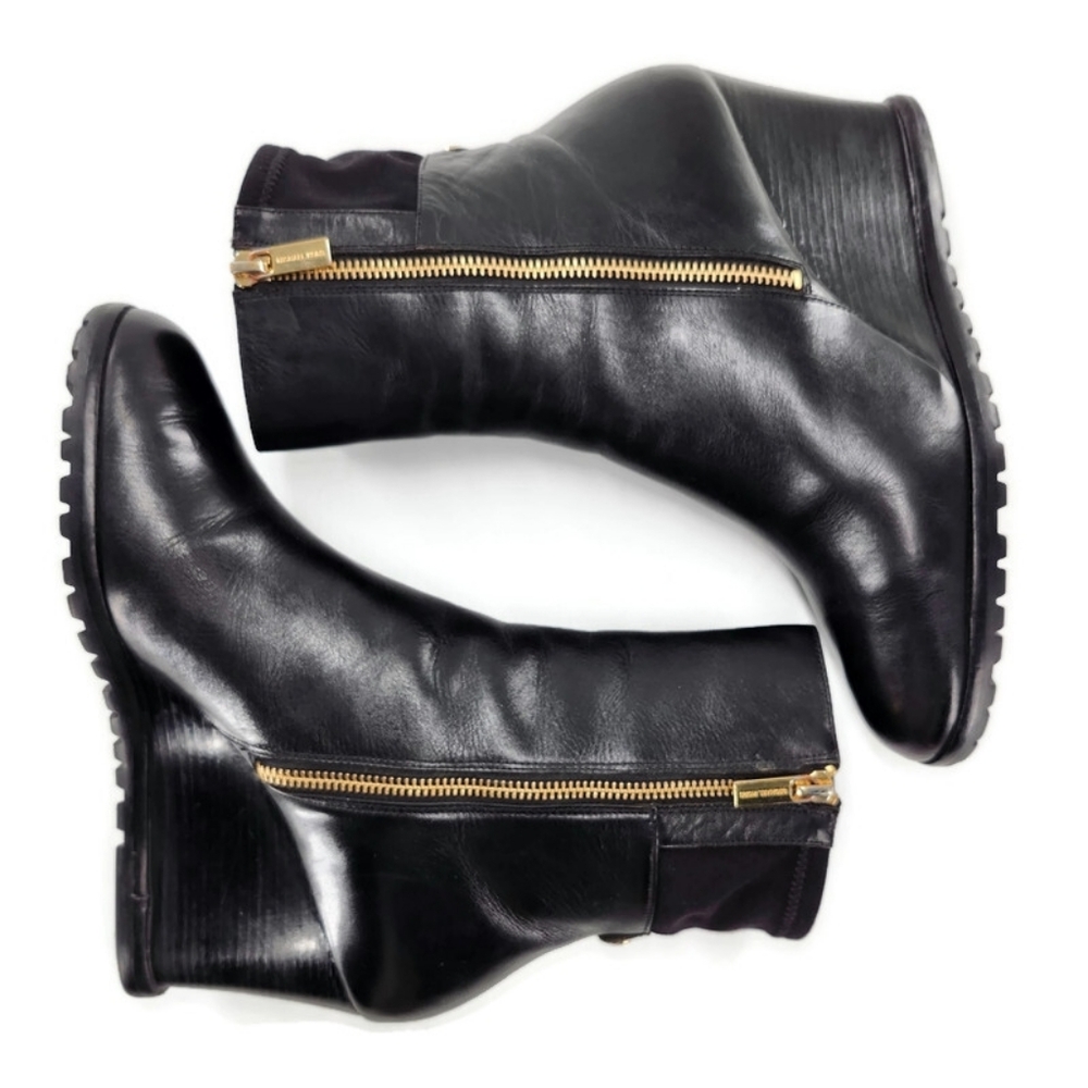 Michael Kors Aileen Black Leather Dual Gold Zip Wedge Heel Lug-Sole Ankle Boots - Picture 8 of 12